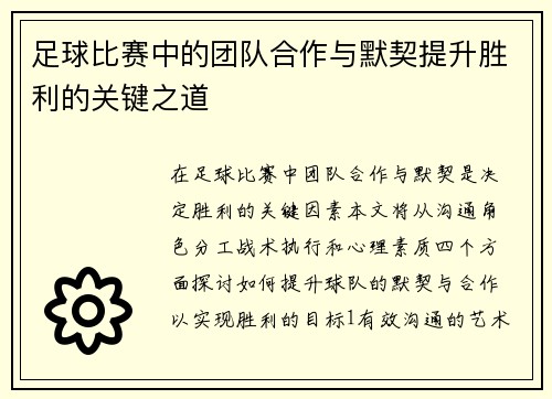 足球比赛中的团队合作与默契提升胜利的关键之道